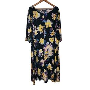 Roamans Swing Dress Woman's Plus size 4X 3/4 Sleeve Boatneck Floral Blue Yellow